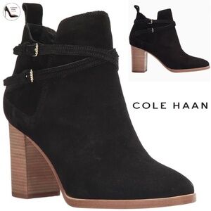 Cole Haan Linnie Black Suede Booties Block Heel Leather Women’s Ankle Boots 9.5